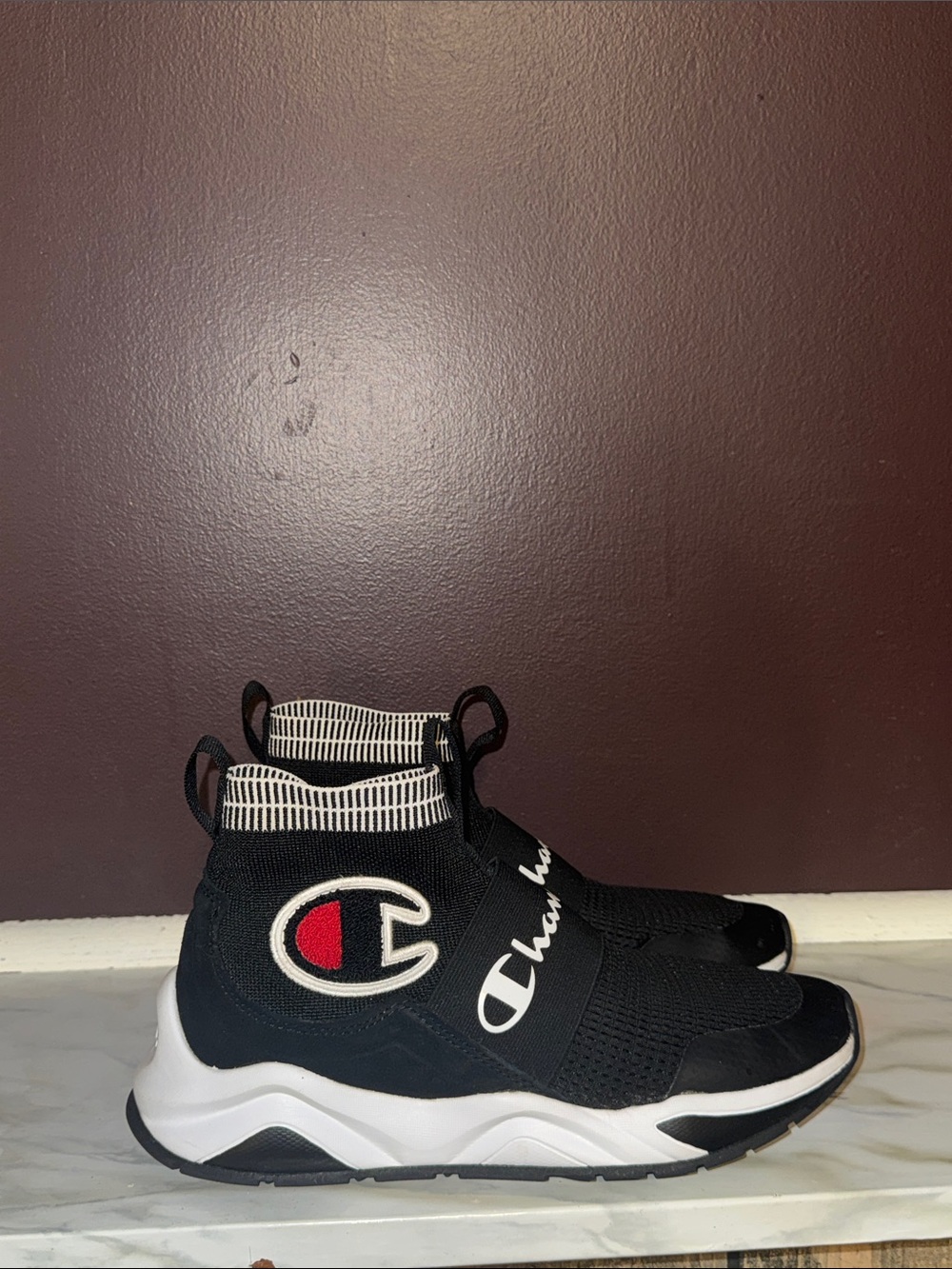 Champion Black Knit Slip-On Kids Sneakers with Red Logo Accent